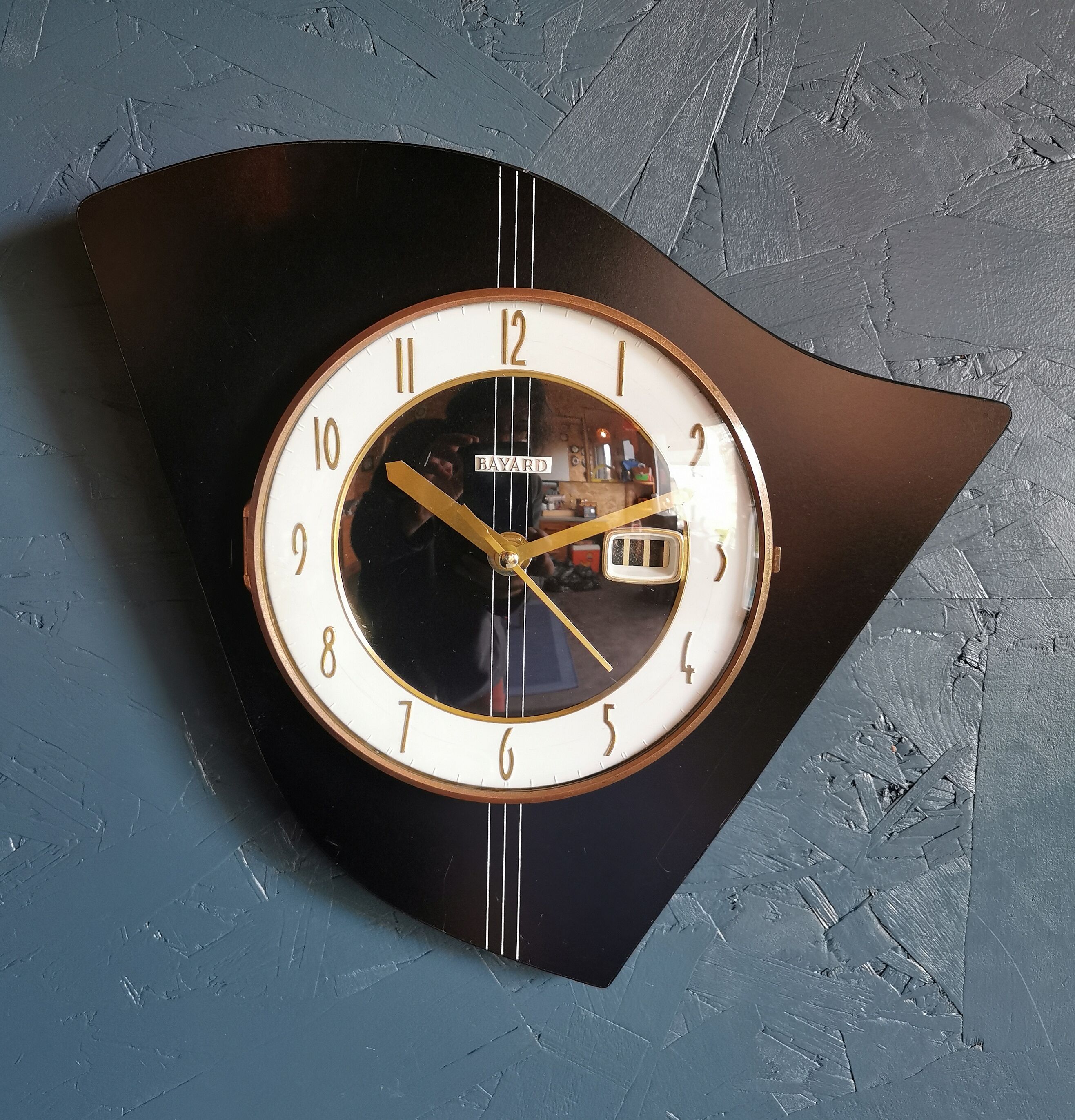 Vintage formica clock asymmetrical silent wall clock "Bayard black white lines"