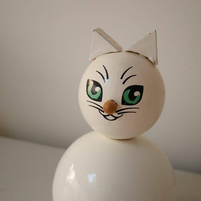 Wooden piggy bank, white cat