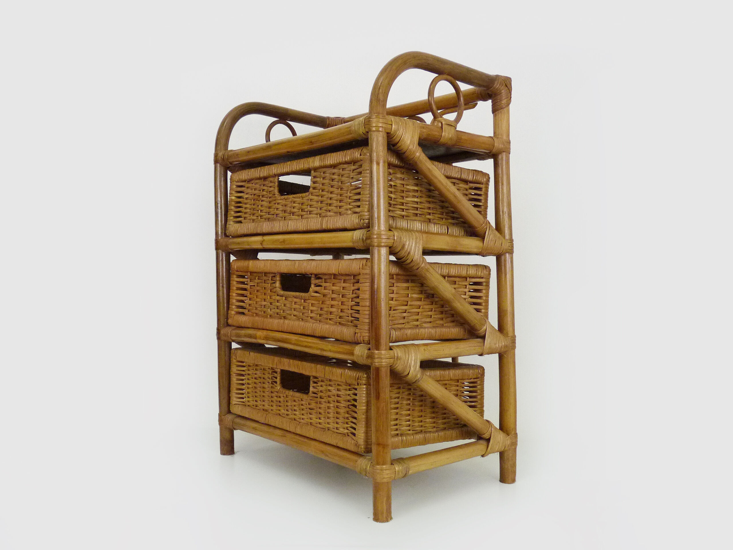 Vintage wicker rattan storage cabinet with 3 drawers