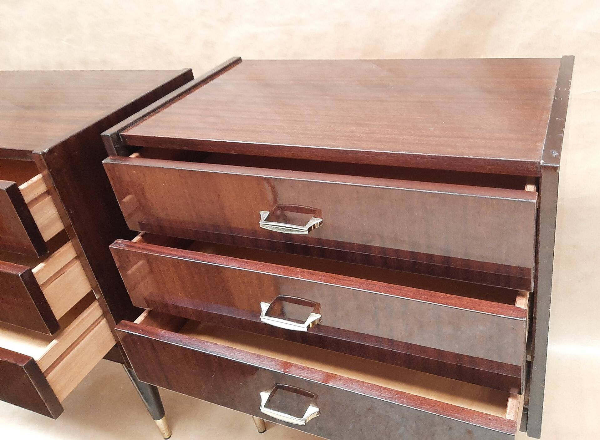 Pairs of old bedside tables from the 1960s and 70s.