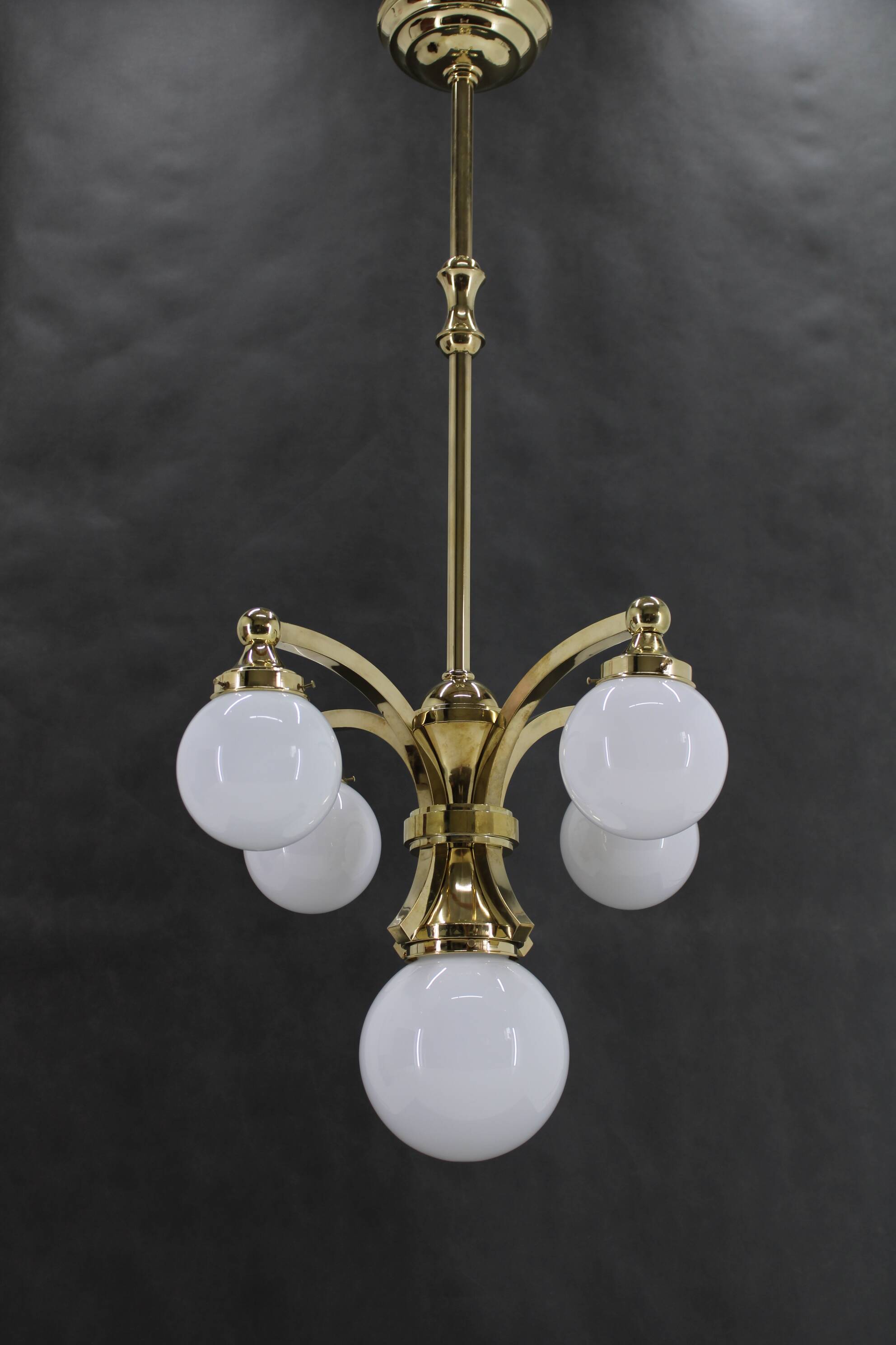 1930s Restored Brass Chandelier, Czechoslovakia