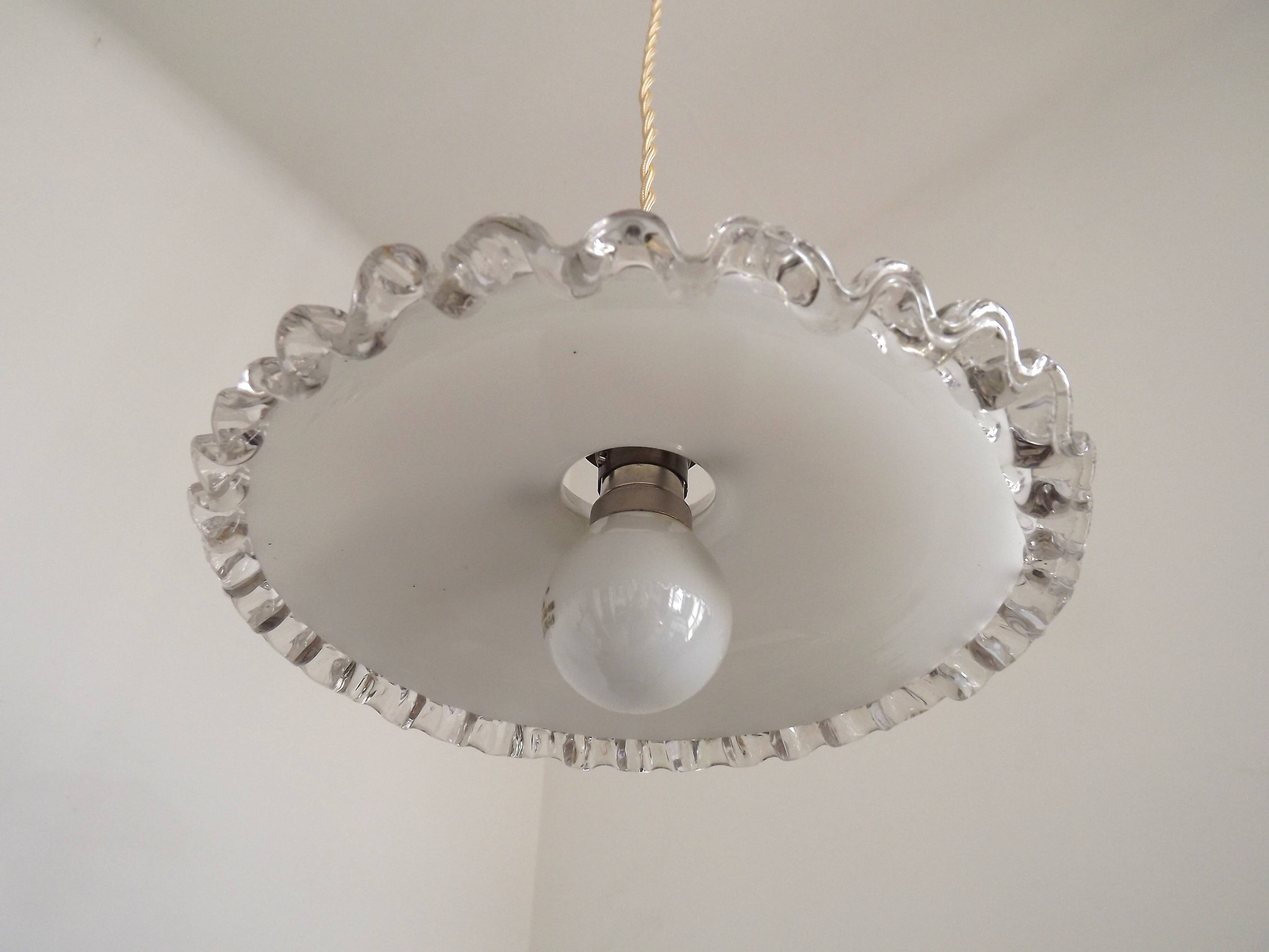 Vintage French Art Deco Opaline Glass Pendant Light Clear Frilled Edge