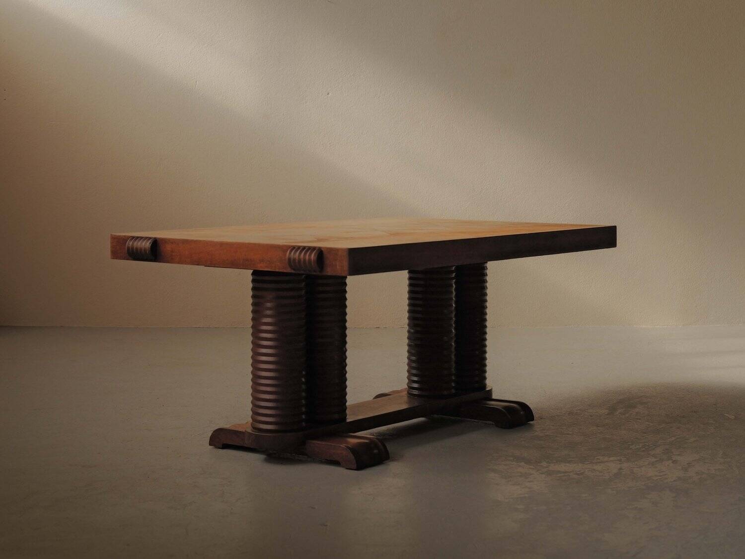 Solid oak table with marquetry, France, circa 1940.