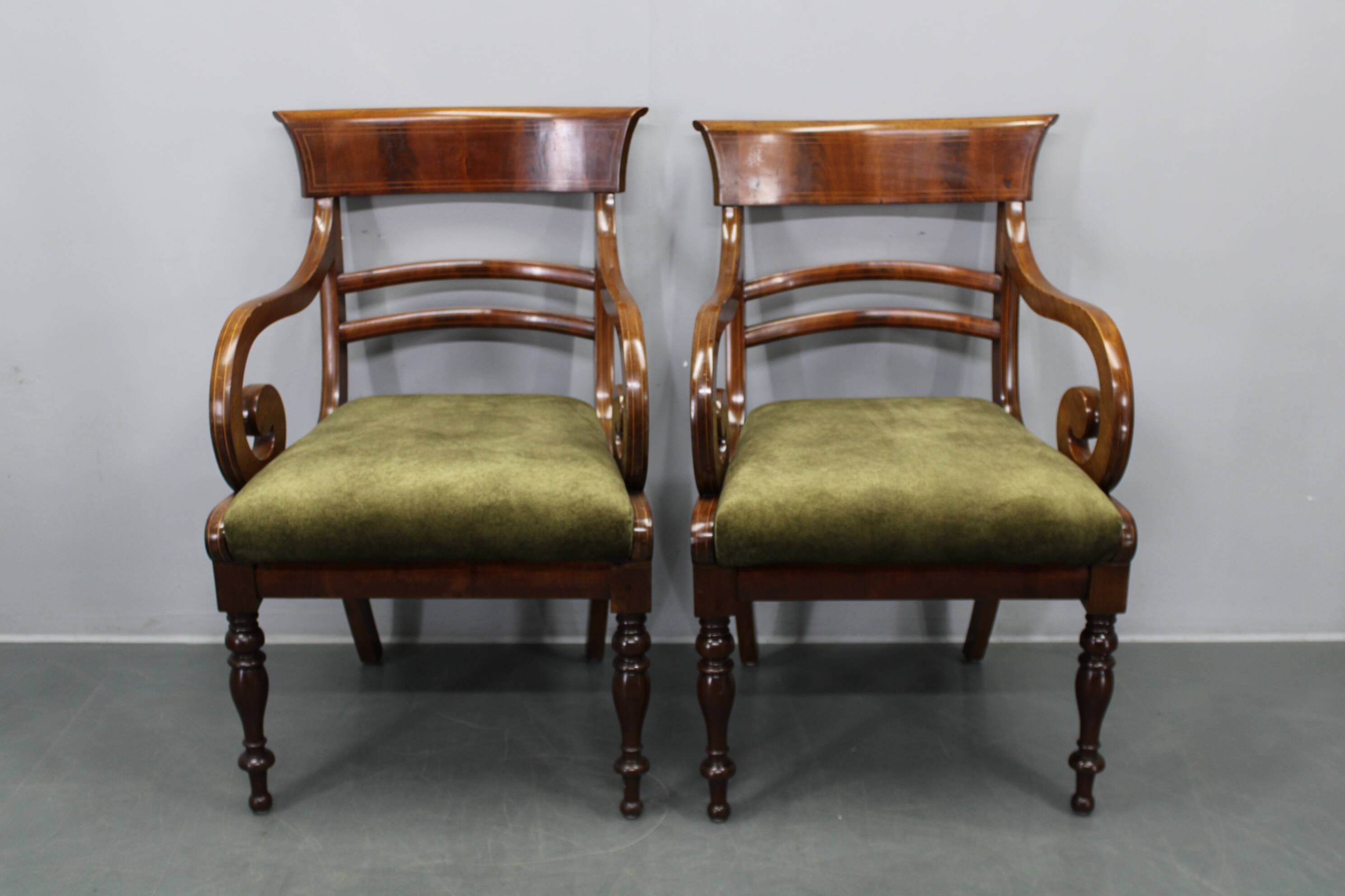 French Art Deco walnut dining chair set with armchairs, France 1930s