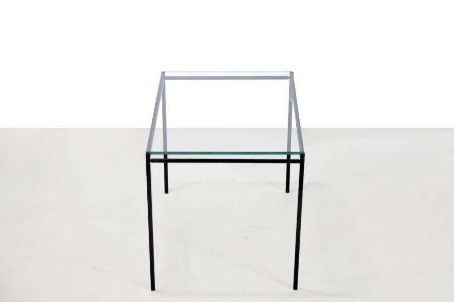 Black minimalist metal side table with glass top, 1960's