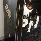 Small furniture in black Chinese lacquer with carved soapstone, mother-of-Pearl inlay.