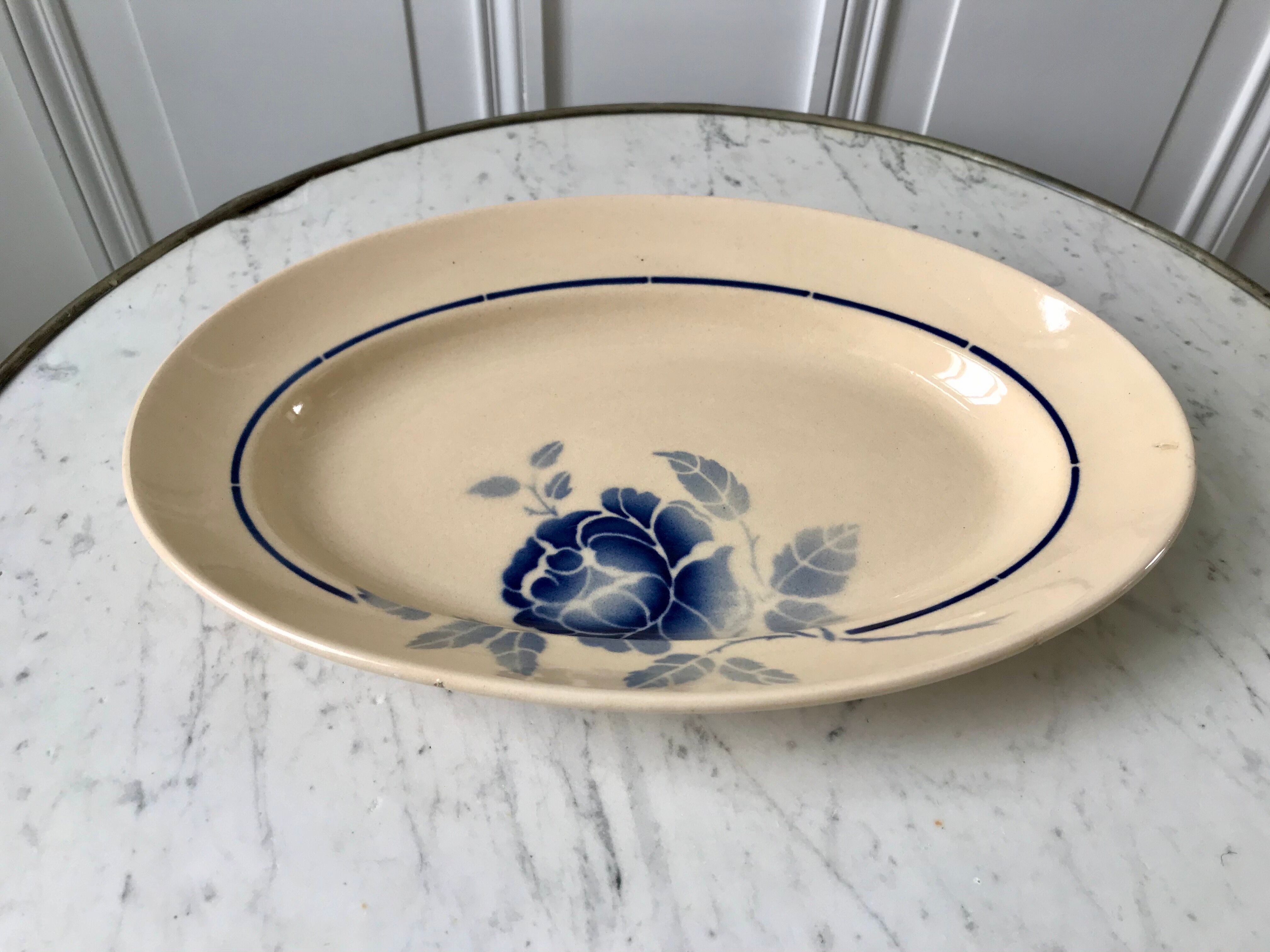 oval dish blue flowers Saint-Amand 30s-40s