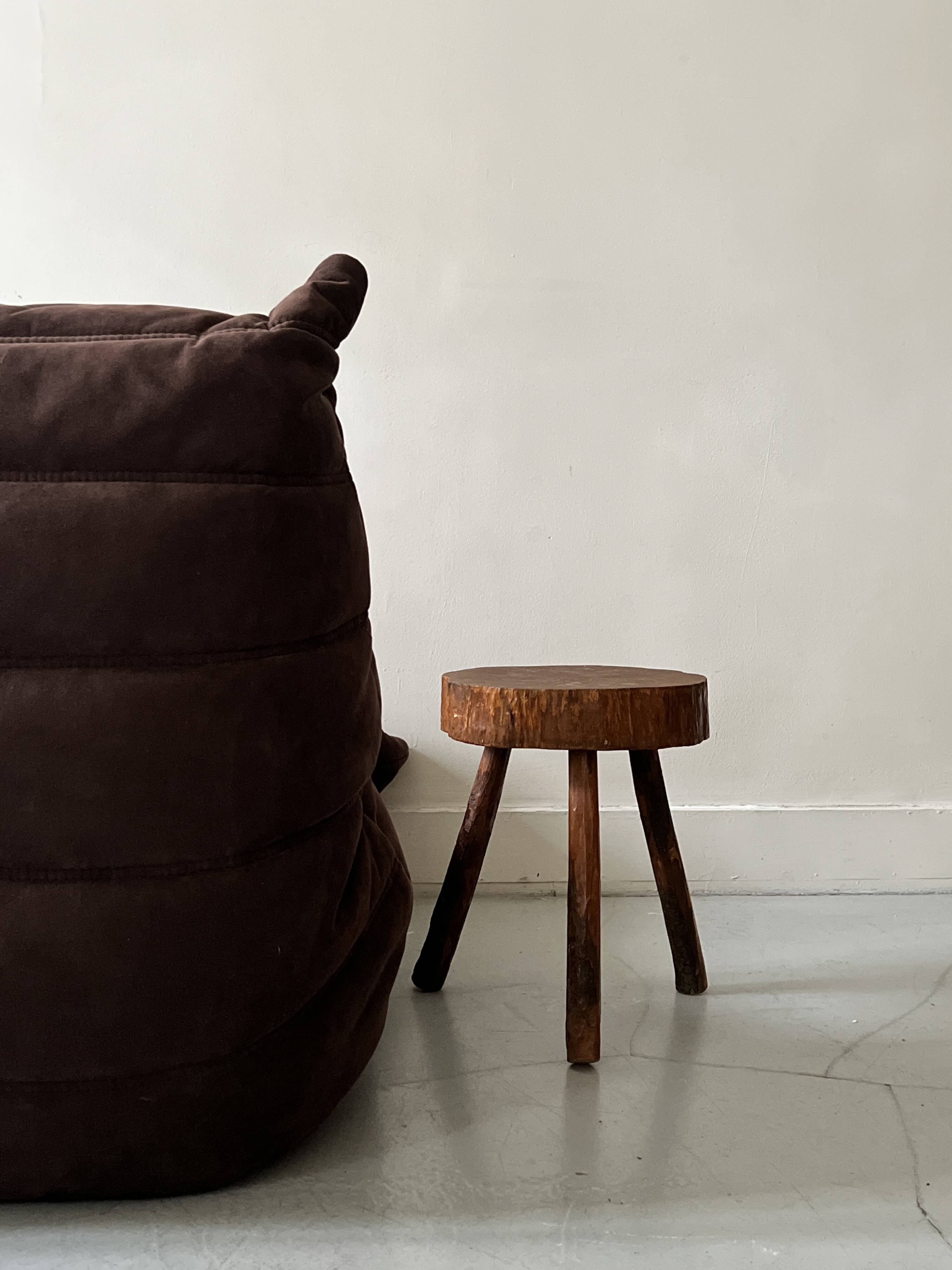 brutalist solid wood tripod stool, France circa 1960