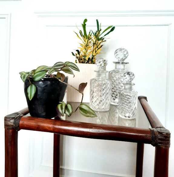Rattan shelf and smoked glass 1970