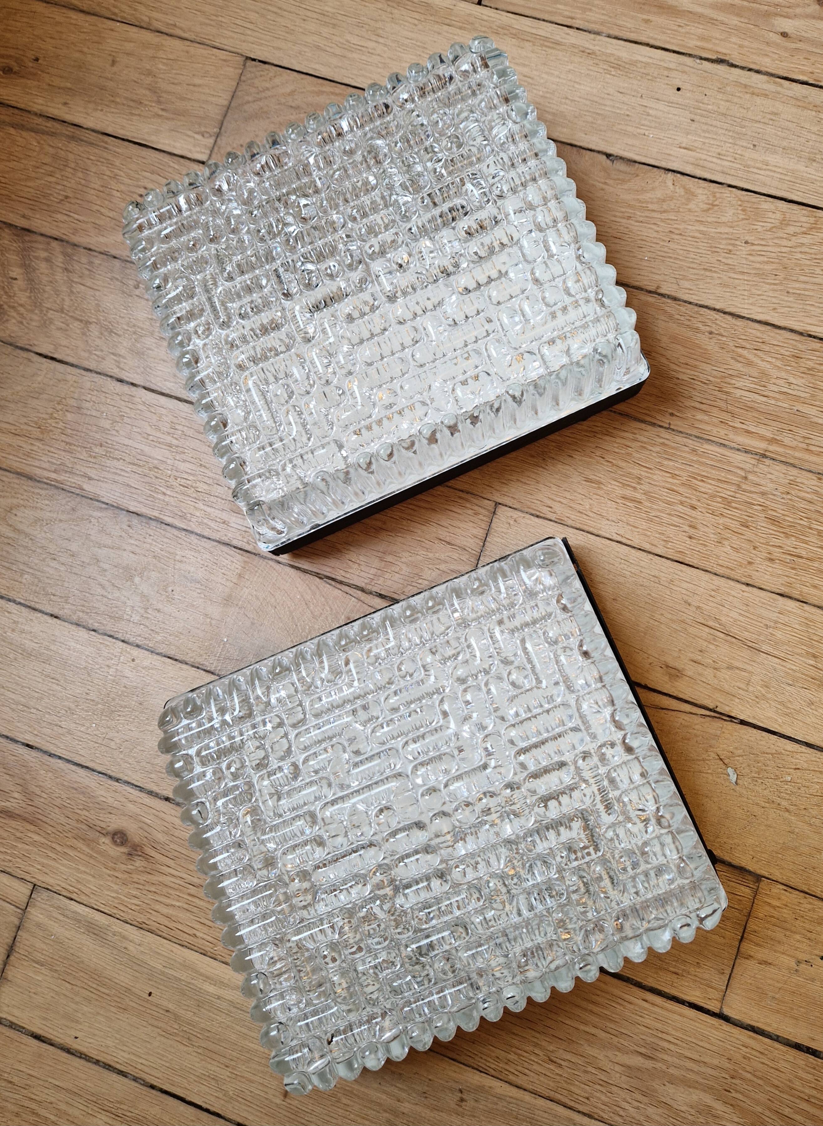 Pair of rectangular wall/ceiling lights in molded glass, 1960s