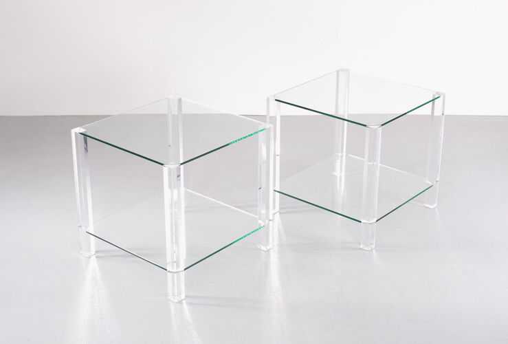 Tables d’appoint carrées en verre Lucite à deux niveaux, années 1970, France
