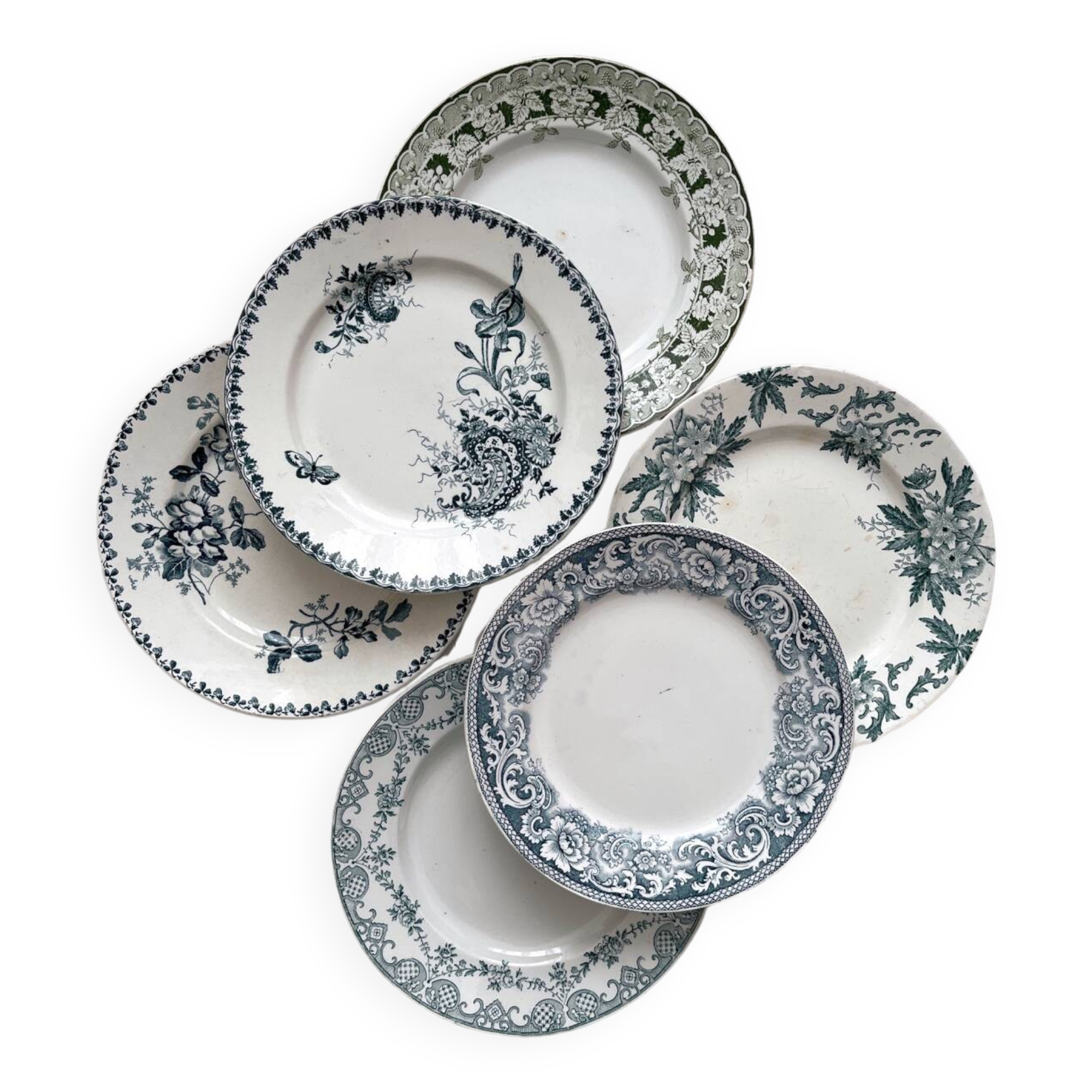 6 mismatched Saint Amand ironware dessert plates