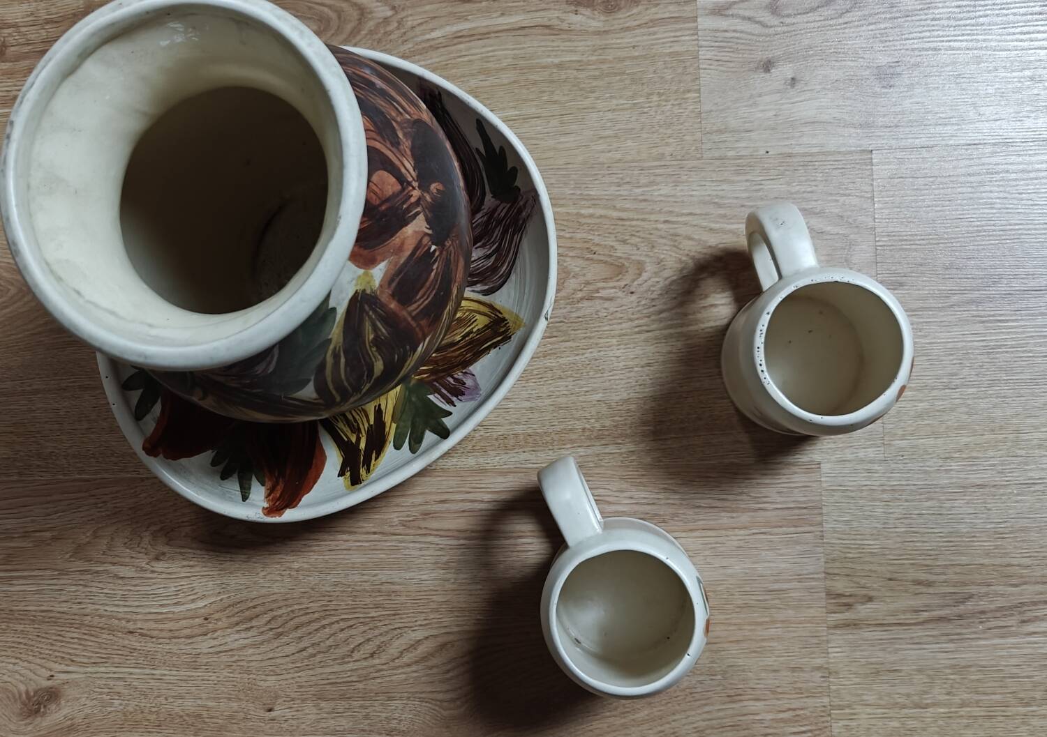 Vintage floral stoneware pitcher vase saucer and mug set