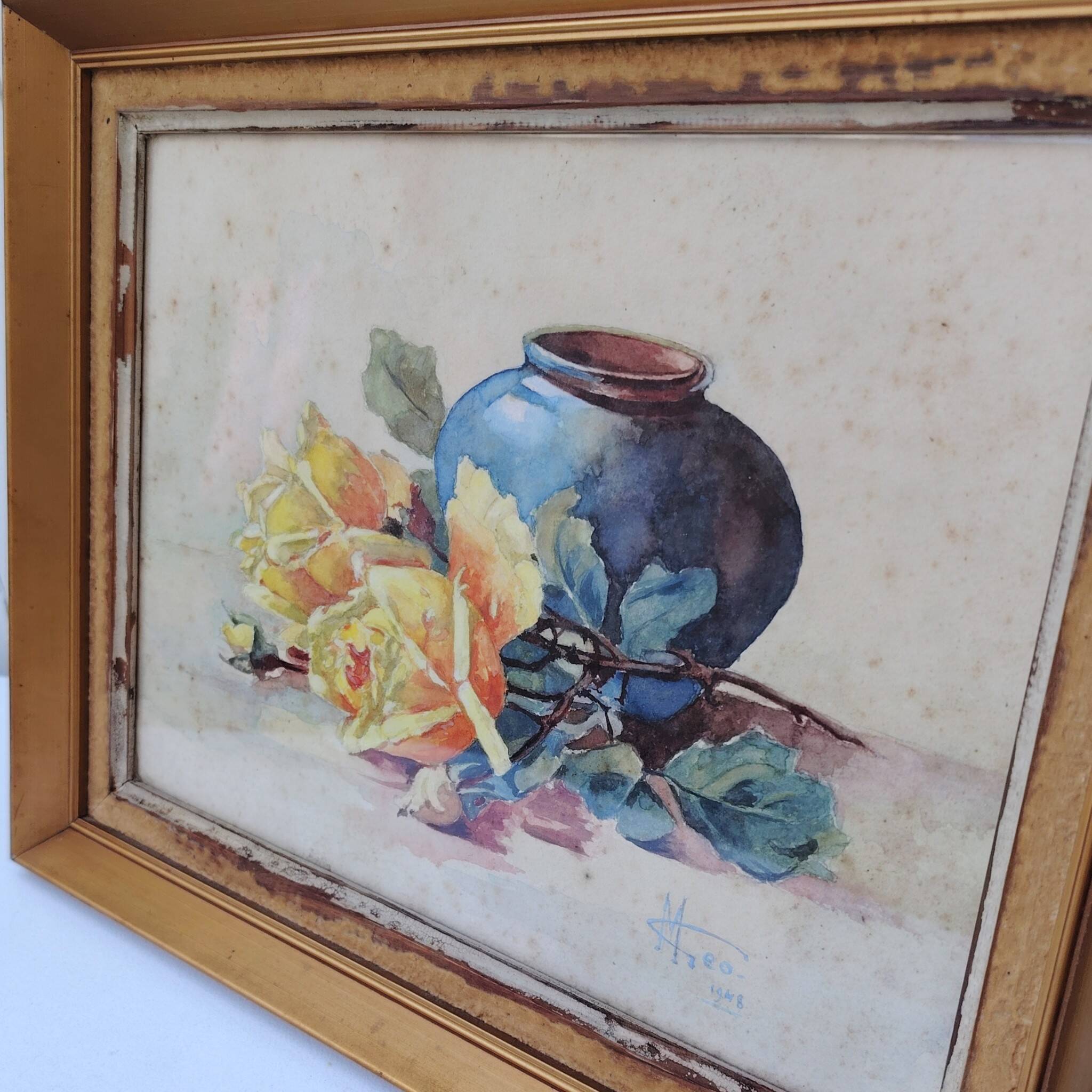 Watercolor bouquet of roses in preparation, Géo, 1948