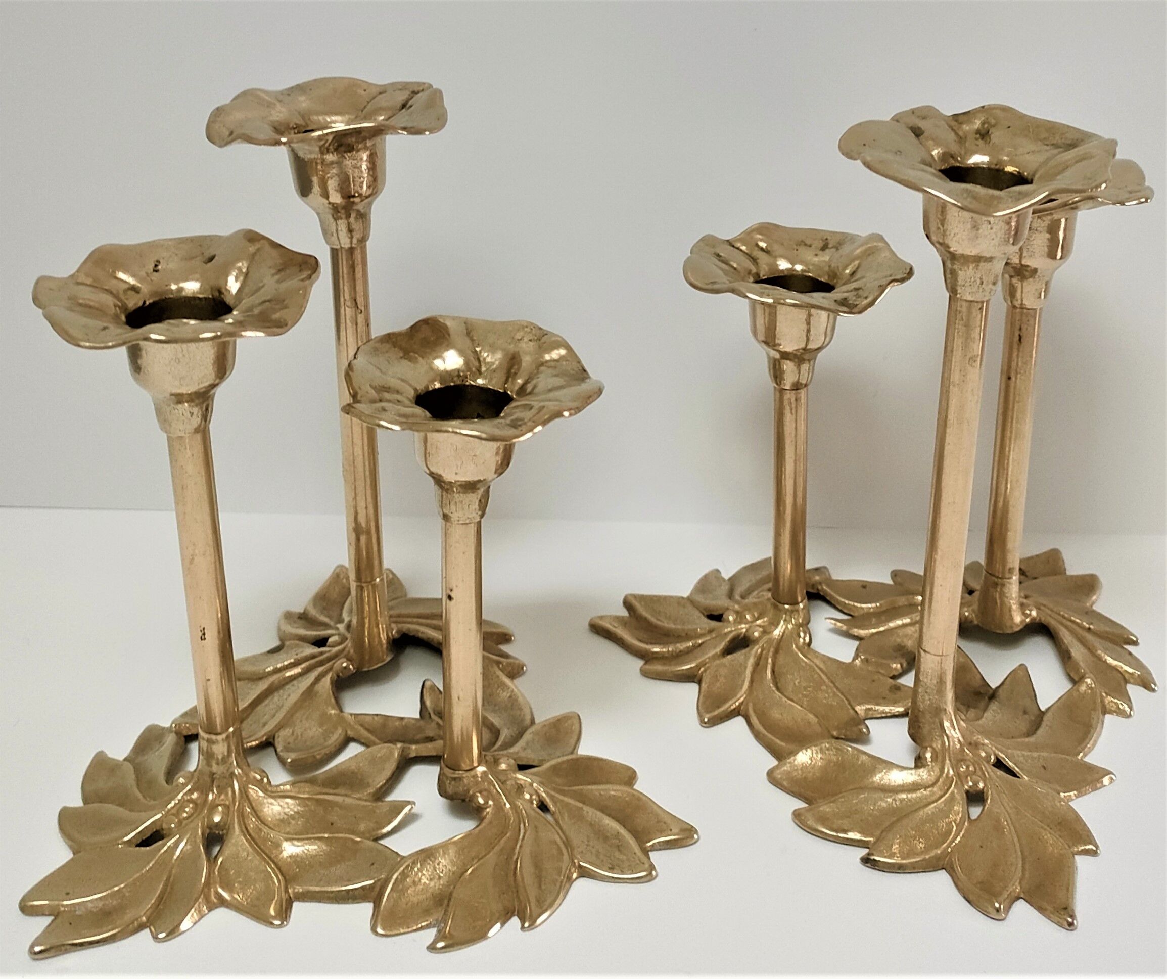 Pair of candlesticks solid brass vintage flowers