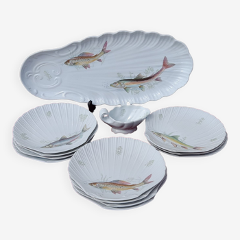 Service à poisson Porcelaine de Sologne 11 assiettes +plat +saucière  parfait état