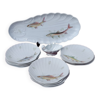 Sologne porcelain fish service 11 plates + dish + sauce boat perfect condition