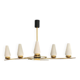 Grand lustre 1950 1960 métal doré et 6 tulipes en verre opaline blanc Arlus