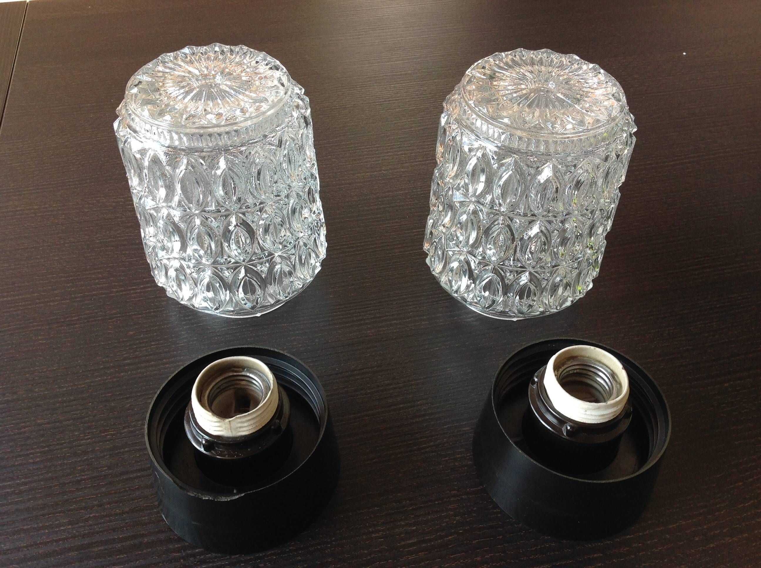 Pair of cylindrical structured glass ceiling lights / vintage 60s-70s