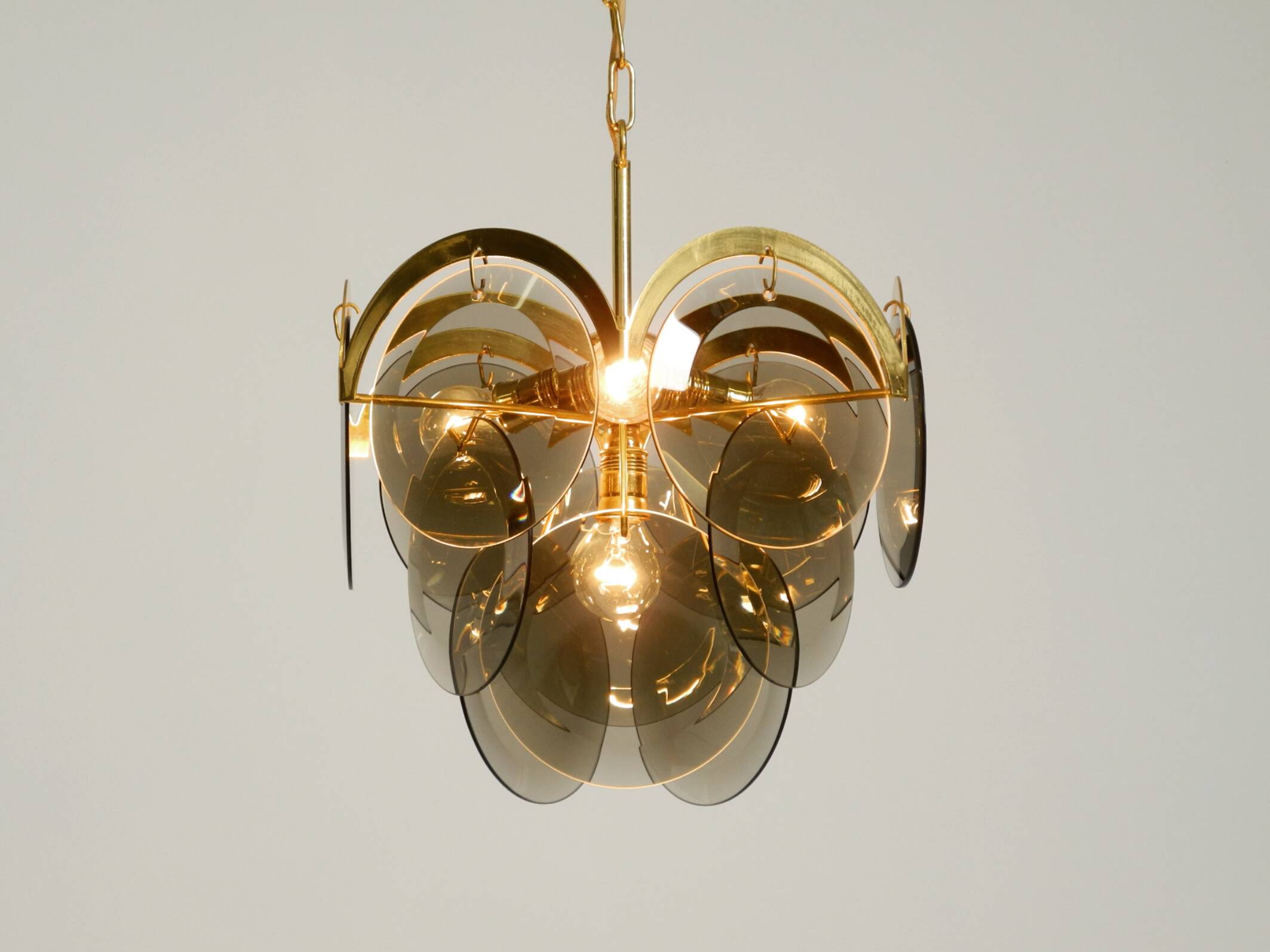 60s large brass ceiling chandelier with large round glass plates
