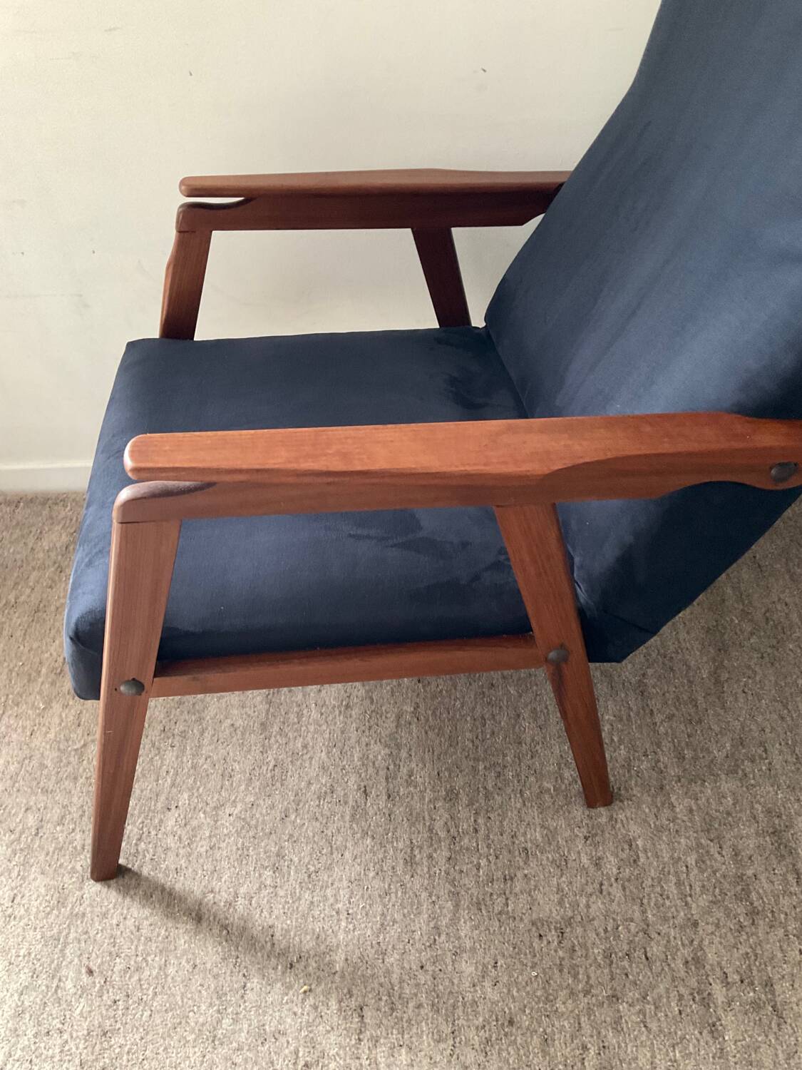 Scandinavian teak and velvet armchair from the 60s