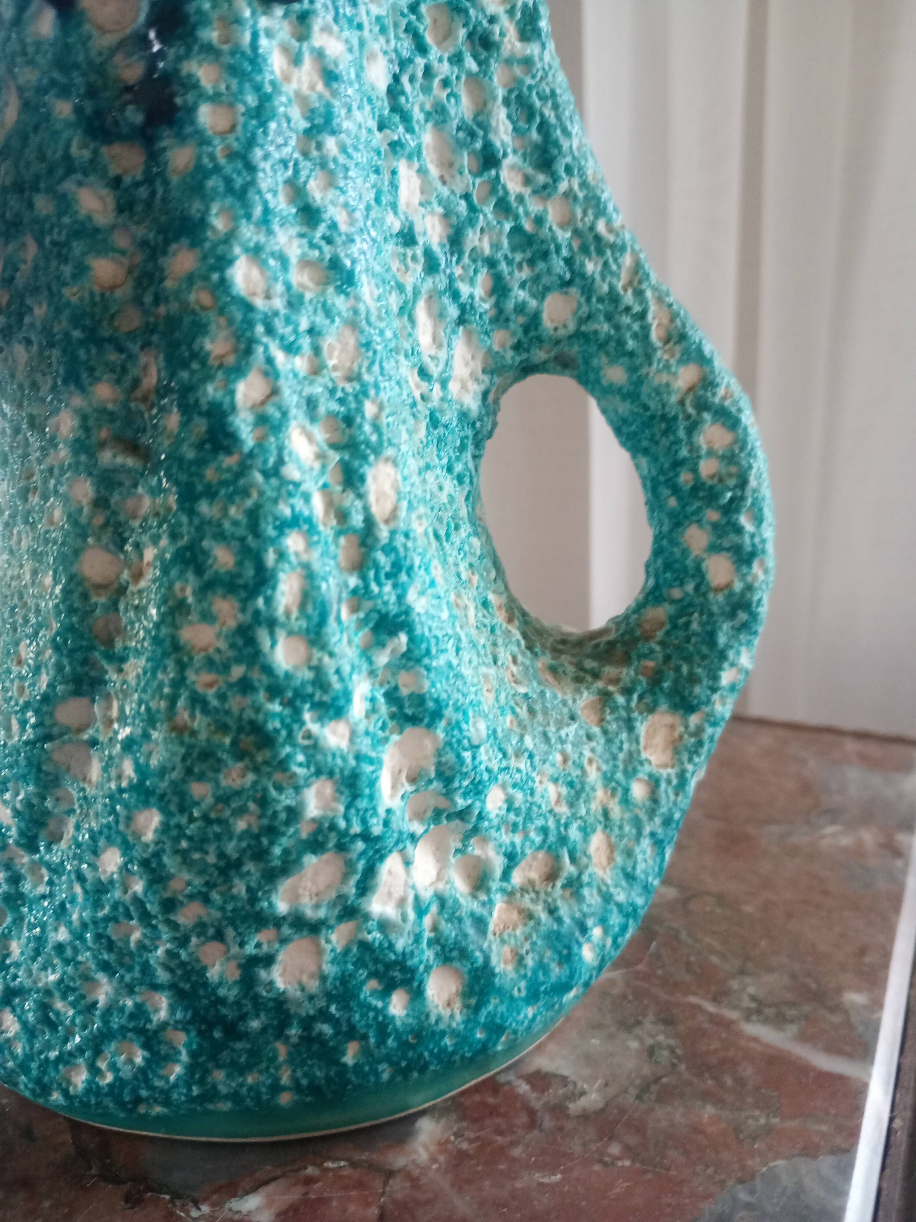 Turquoise "lava" double-handled vase - red & black enamel drips