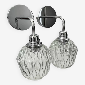 Pair of vintage chrome wall lights in chiseled glass