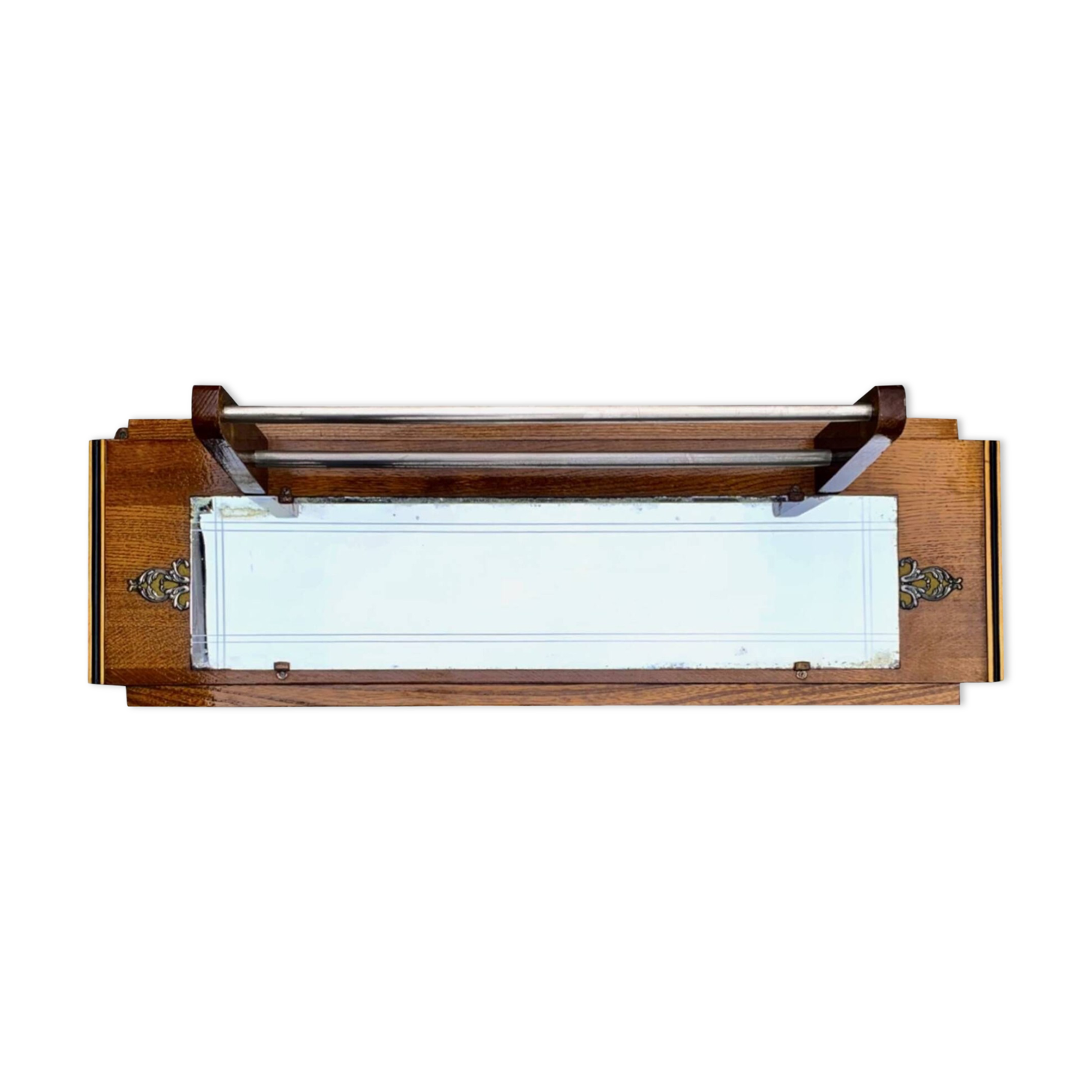 Art Deco wooden hat rack wall shelf with mirror