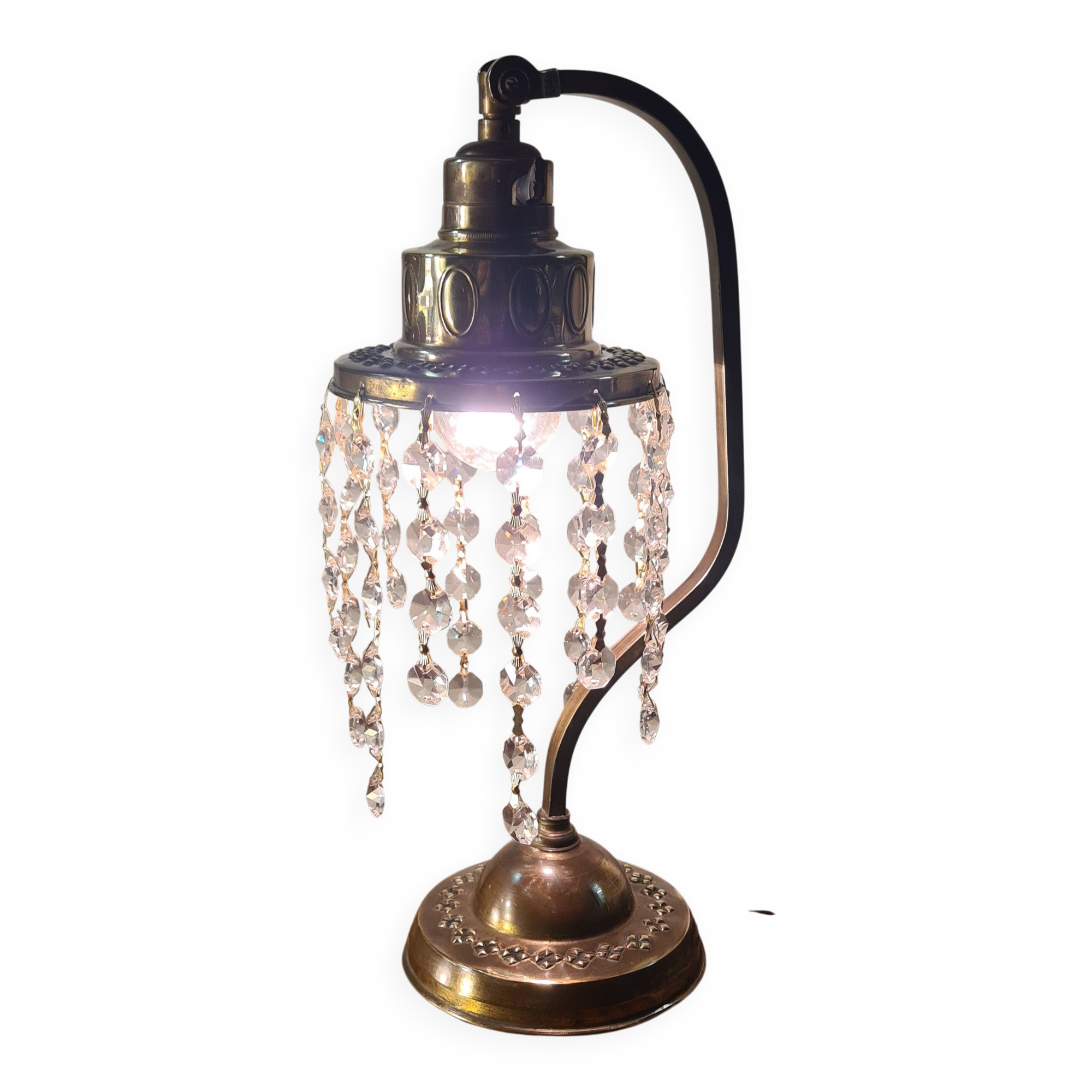 antique brass lamp with crystal pendant 33x14 slight signs of wear