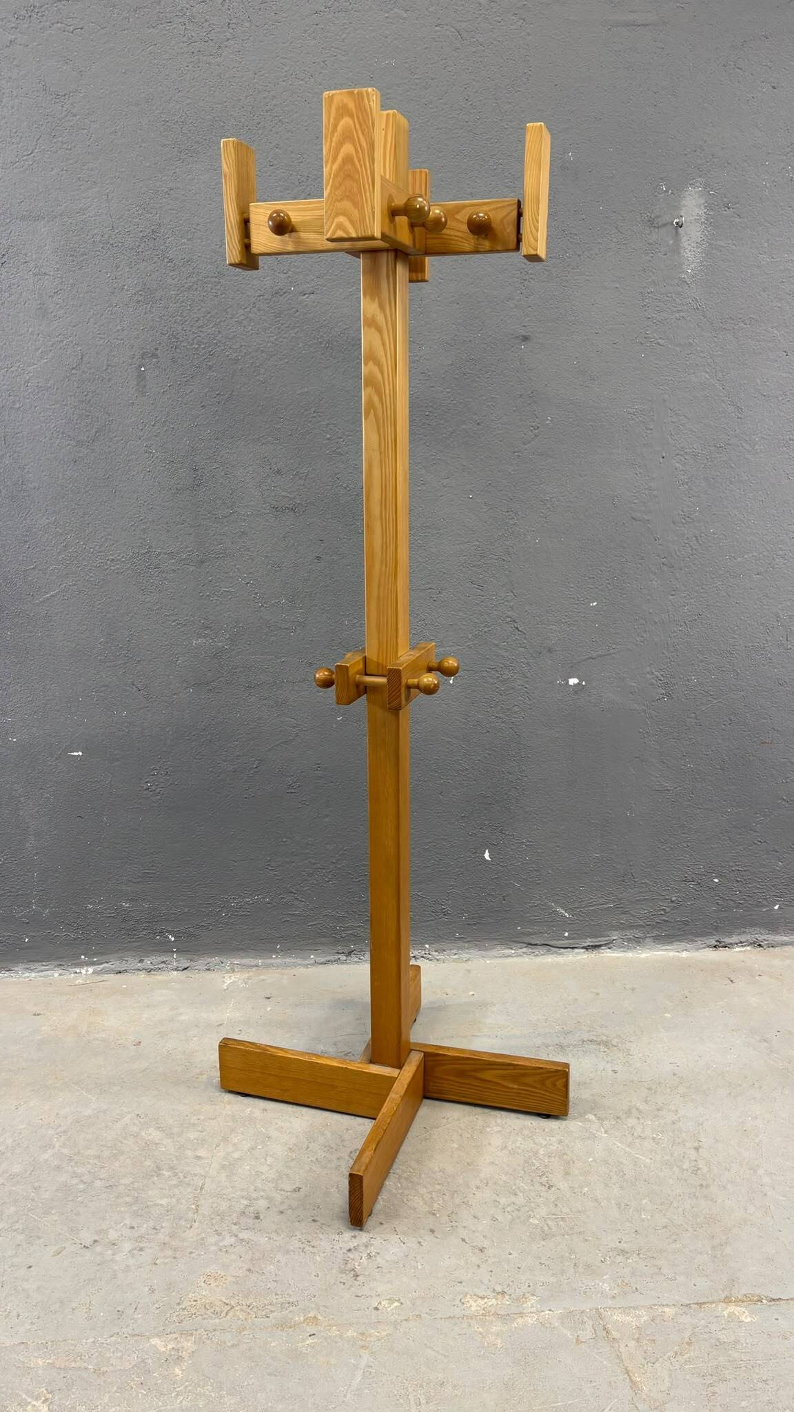 Freestanding mid-century pine coat rack, solid wood, 1970s, Europe