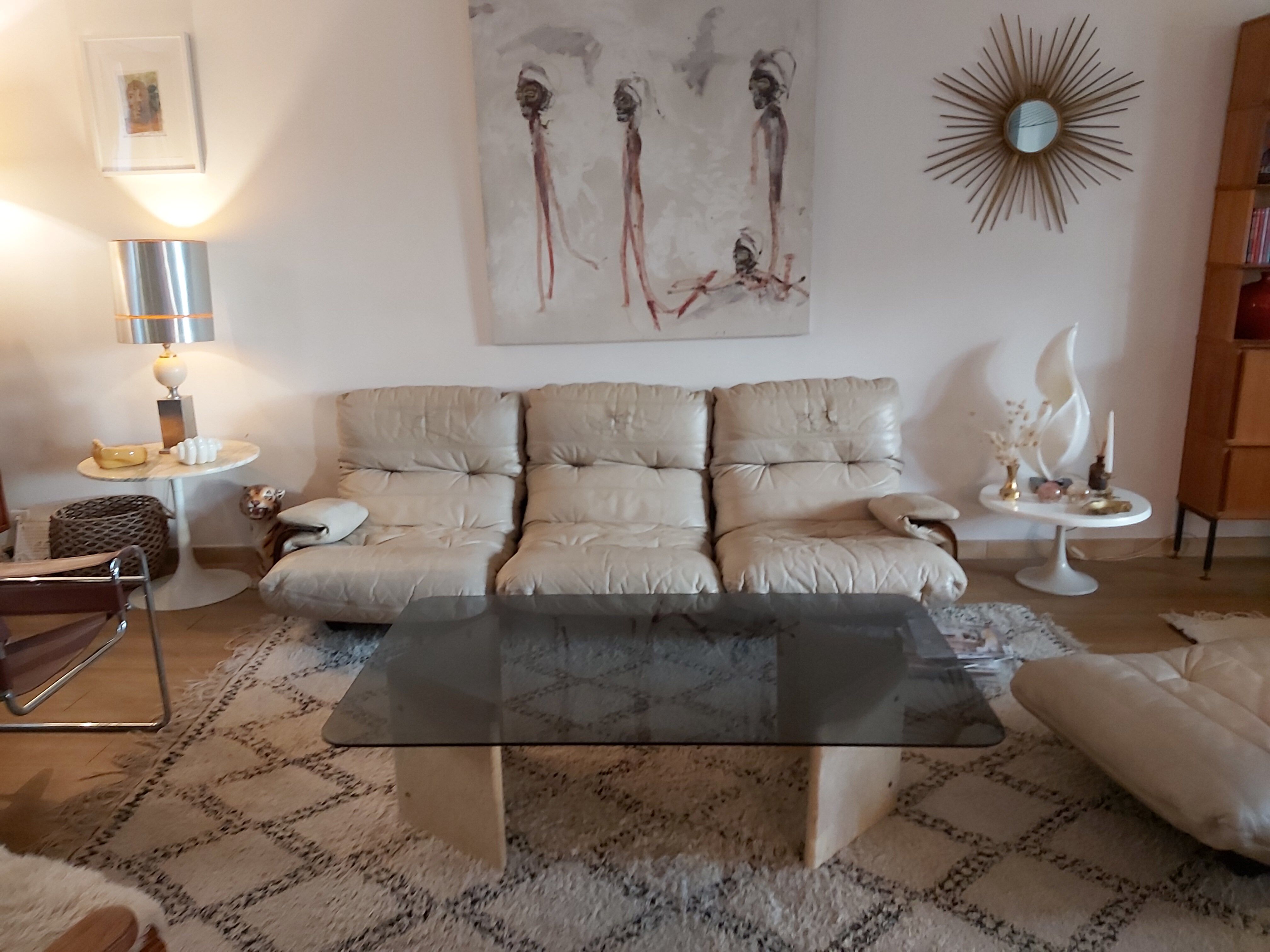 Large travertine coffee table and smoked glass