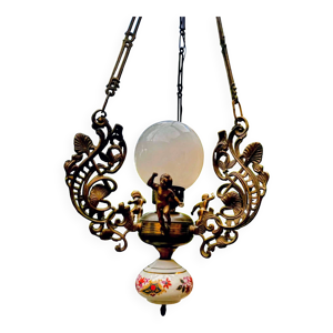 lustre en bronze et porcelaine - art nouveau