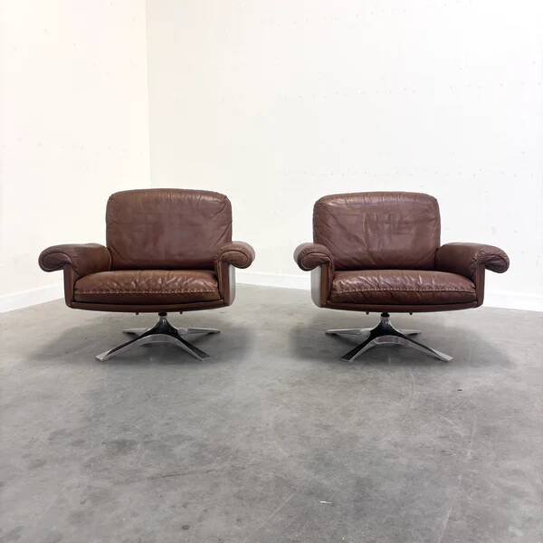 Set cognac leather De Sede DS31 lounge chairs, 1970s