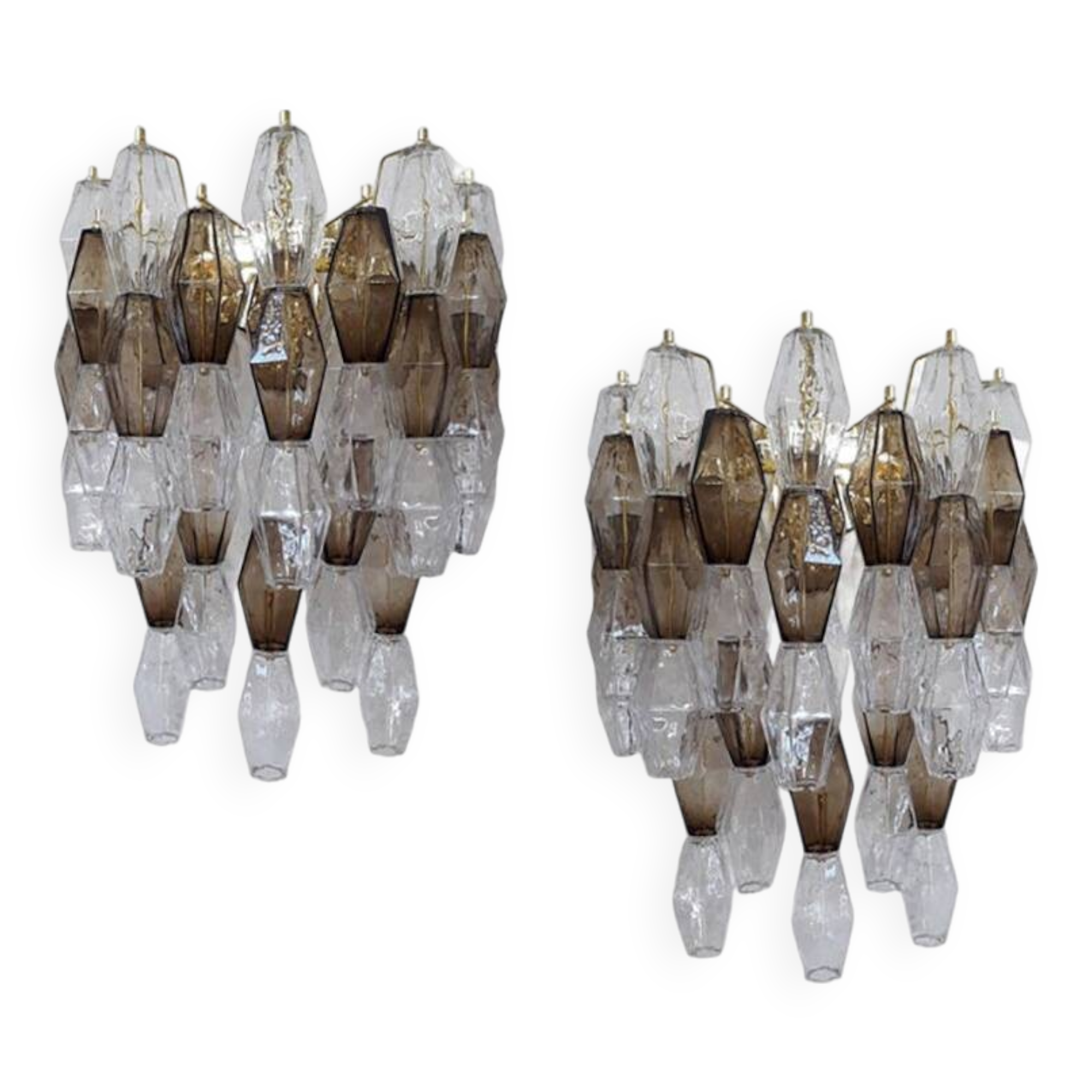 Set of Two Contemporary Transpaernt and Fumè "Poliedro" Murano Glass Wall Sconces