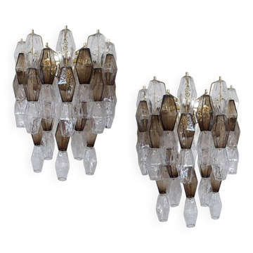 Set of Two Contemporary Transpaernt and Fumè "Poliedro" Murano Glass Wall Sconces