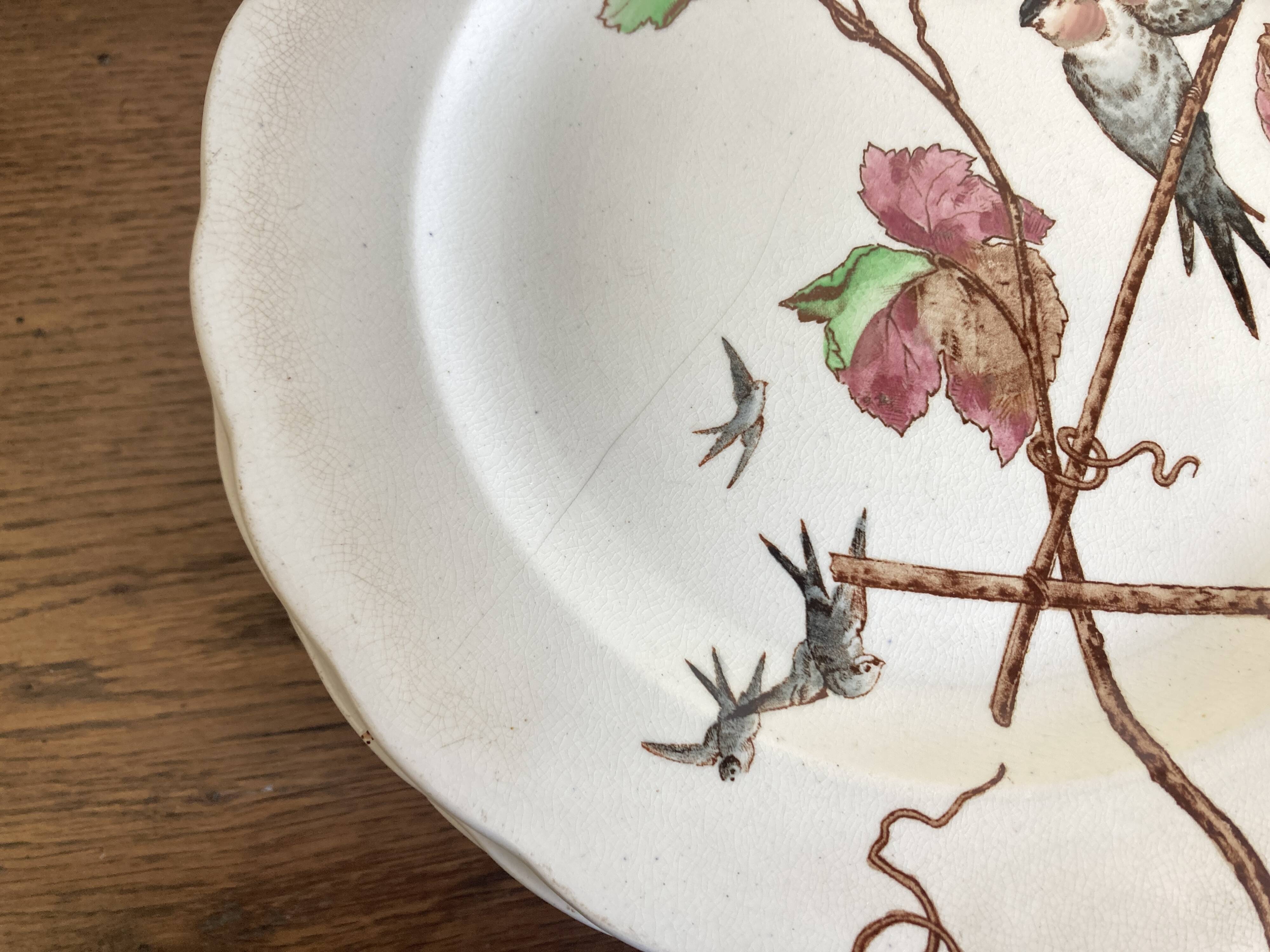 set de 12 assiettes polychrome 1850 ondulées Brownfield England oiseaux