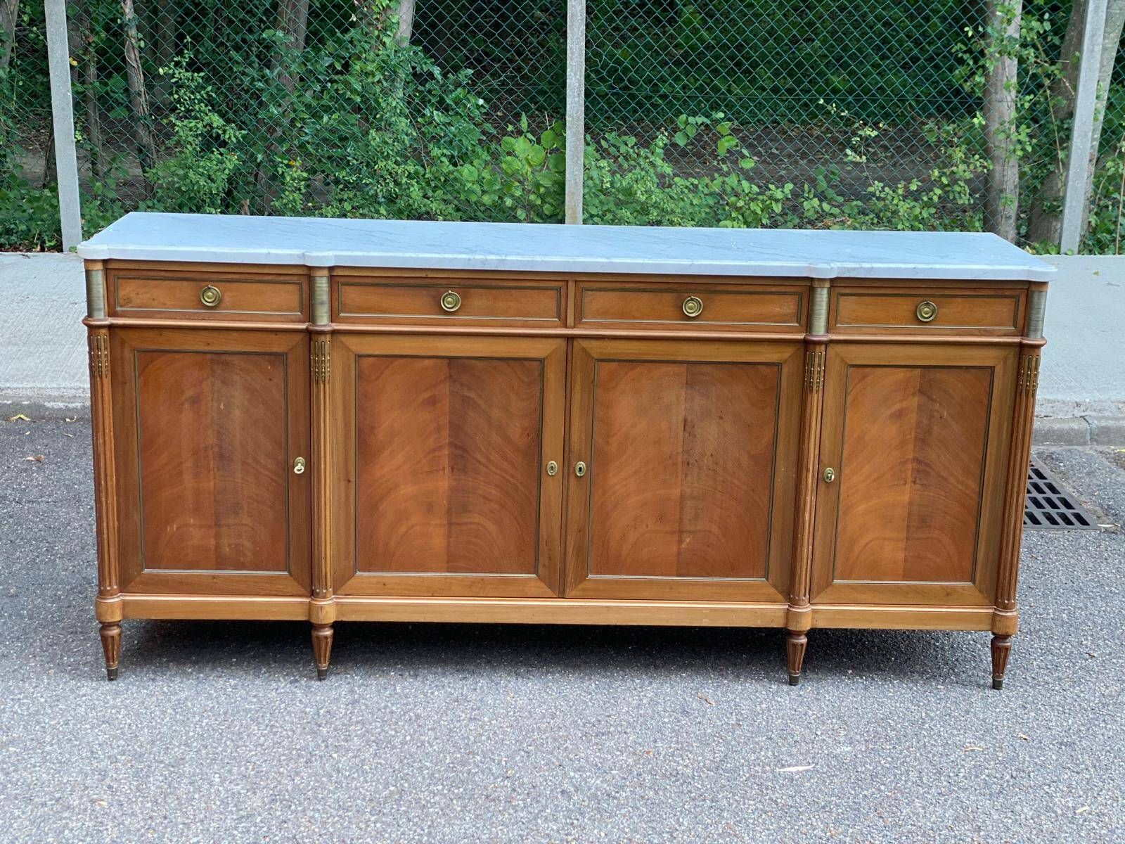 Louis XVI sideboard in solid mahogany with a white marble top, 222cm, 1950.