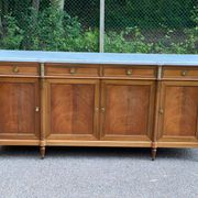 Louis XVI sideboard in solid mahogany with a white marble top, 222cm, 1950.