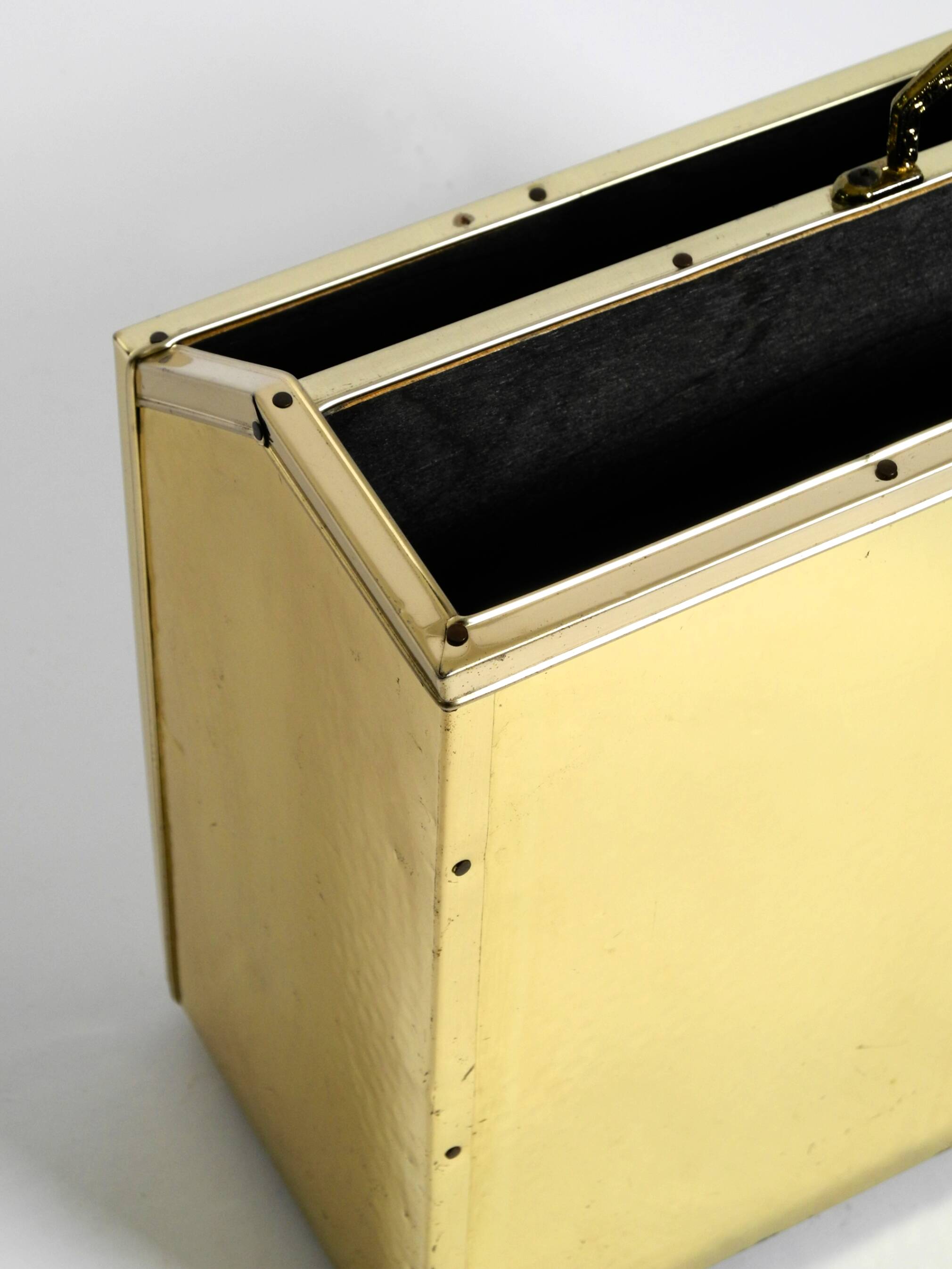 1980s newspaper rack made of brass and wood in Hollywood Regecy design