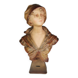 Buste de femme Art Nouveau en plâtre polychrome