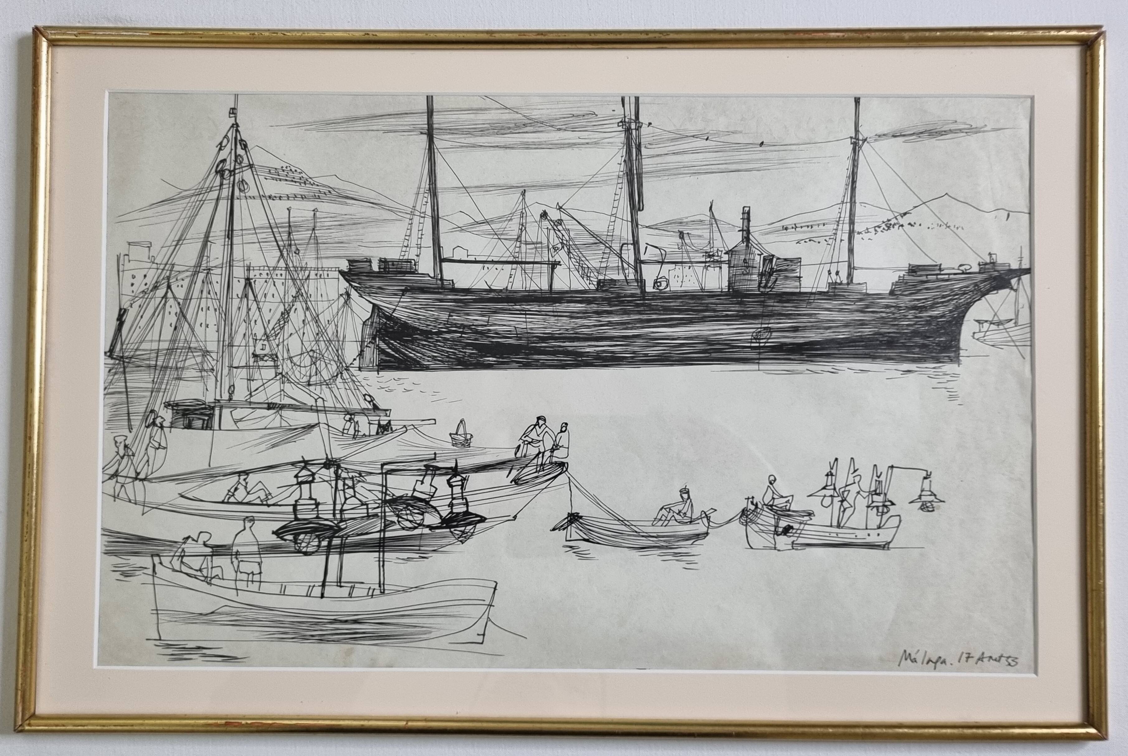 Original ink drawing, travel sketchbook, 1955, port scene 52x34 cm