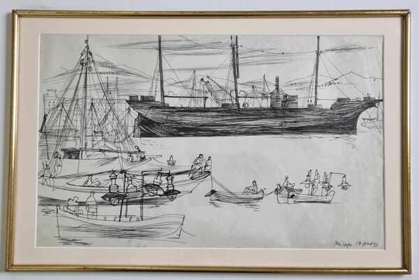 Dessin original à l’encre, carnet de voyage, 1955, scène portuaire 52x34 cm