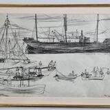 Original ink drawing, travel sketchbook, 1955, port scene 52x34 cm