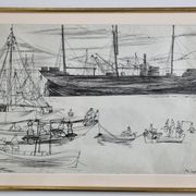 Original ink drawing, travel sketchbook, 1955, port scene 52x34 cm