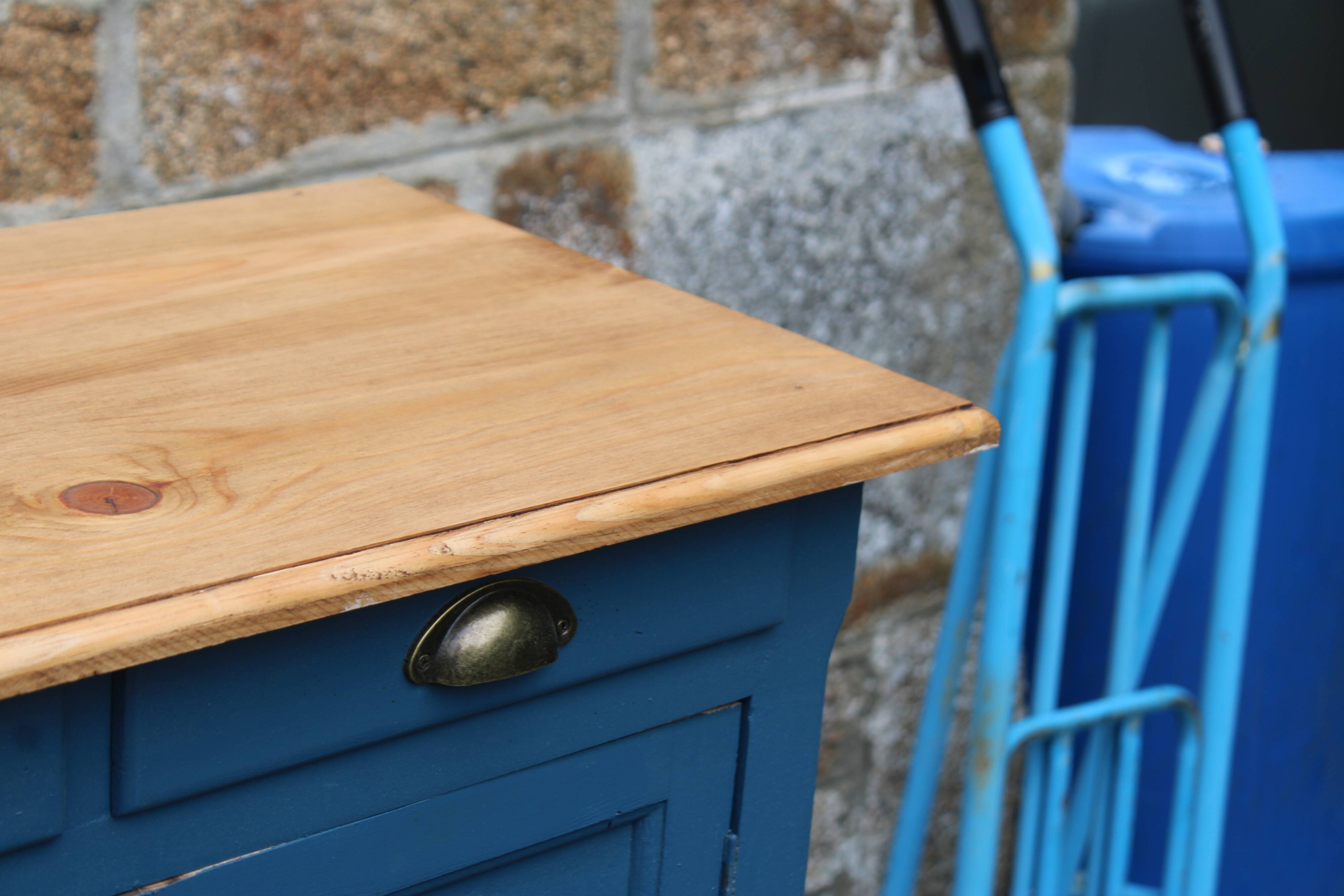 Vintage deep blue Parisian sideboard & natural wood top