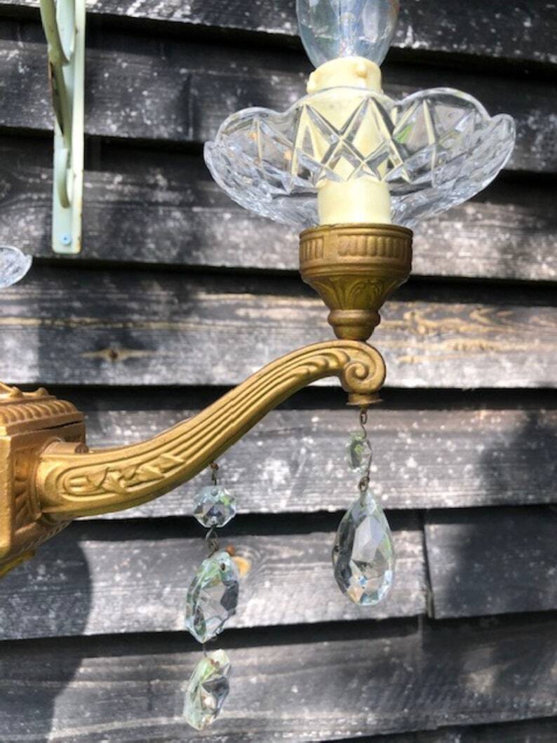 Gilt French Chandelier: Neo Classical 3-Branch Crystal Pendant Light