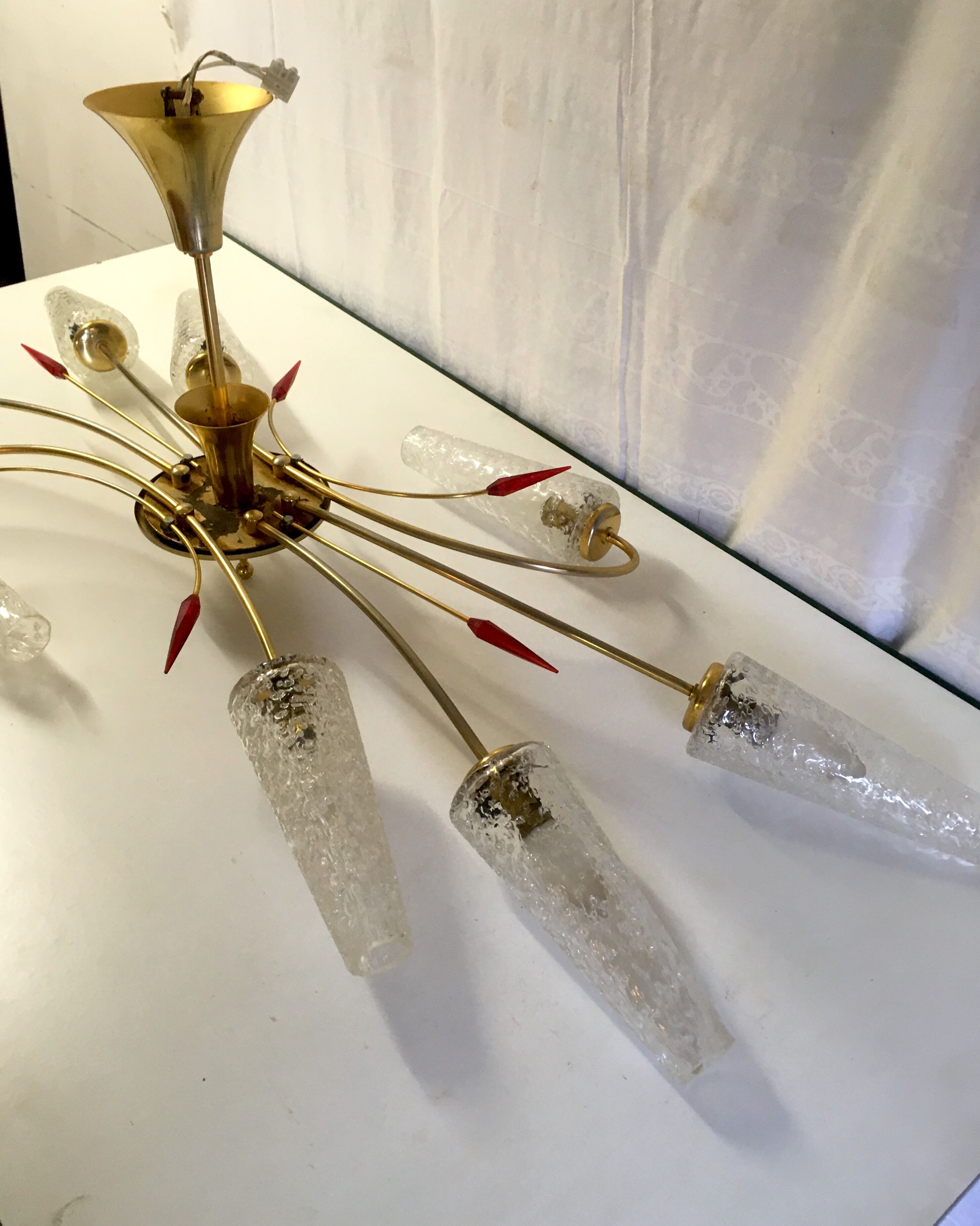 Lustre 8 brass lights and blown glass - 60s