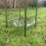 Pedestal table, vintage chrome steel saddle with 2 round windows