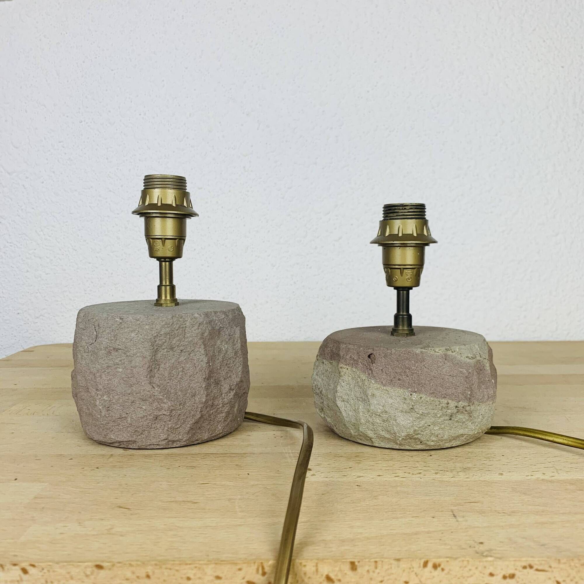Pair of brutalist lamps in pink stoneware and wool lampshade, 1970