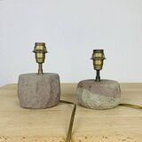 Pair of brutalist lamps in pink stoneware and wool lampshade, 1970
